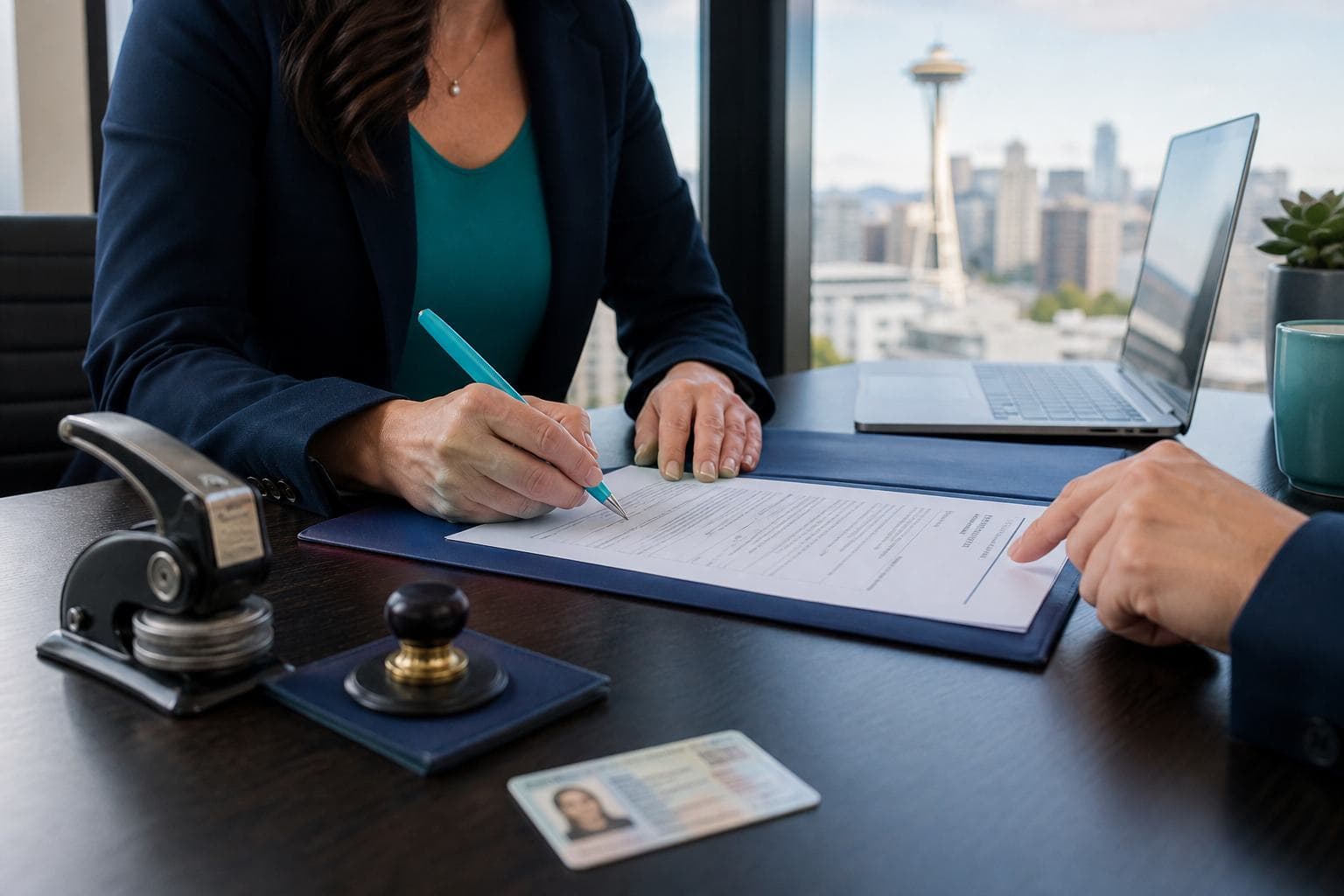 Notary reviewing documents at a professional desk